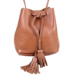 SHALE BROWN GENUINE LEATHER TASSEL DRAWSTRING SMALL X-BODY SHOULDER BAG PURSE